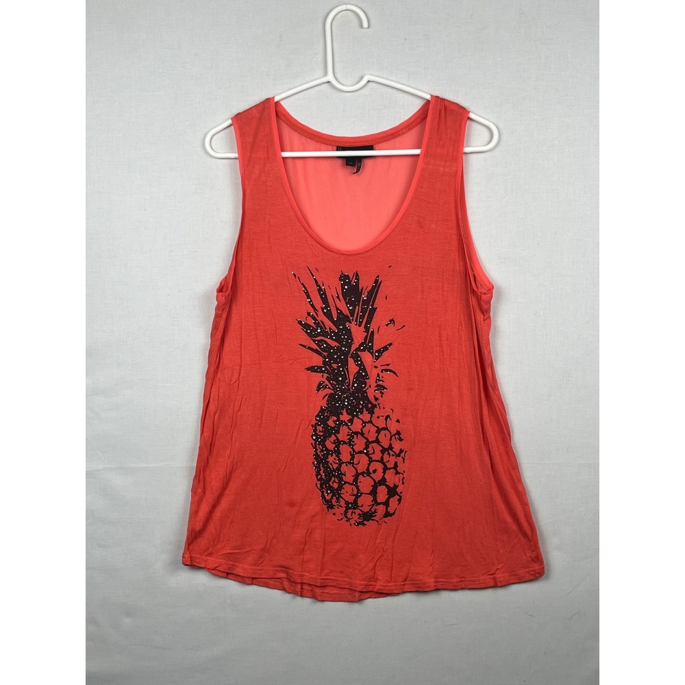 Jeans by Buffalo Tank Top Womens Large Pineapple Graphic Sheer Back Coral Orange